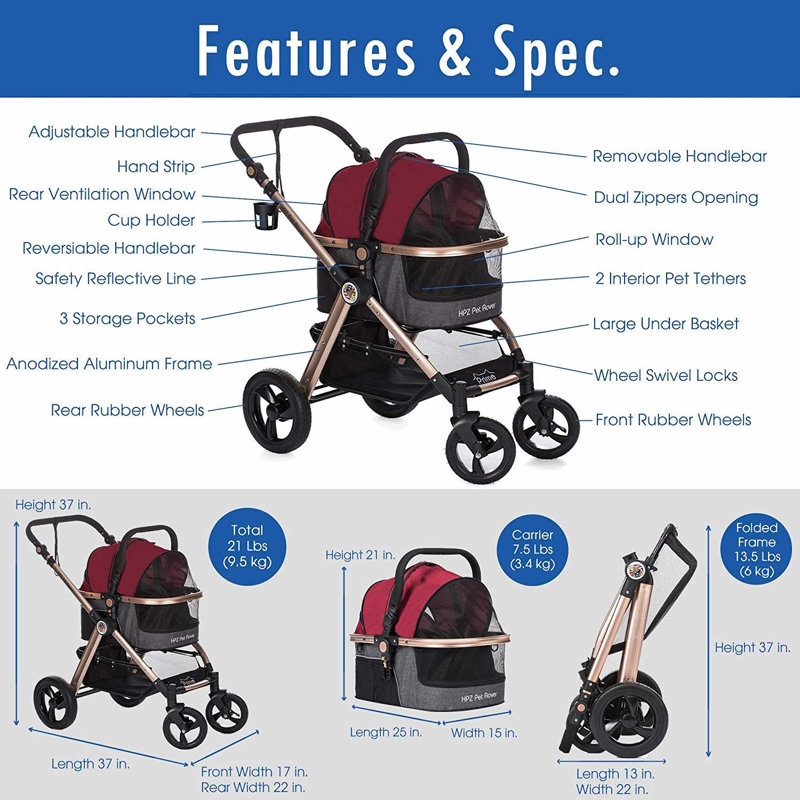 HPZ Pet Rover Prime Folding Standard Stroller with Detachable Carrier